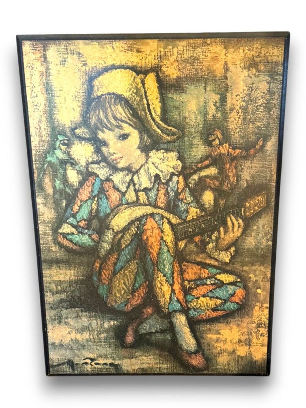 Vintage Mid Century Harlequin Jester Child Print On Wood Panel Large 28 x 20
